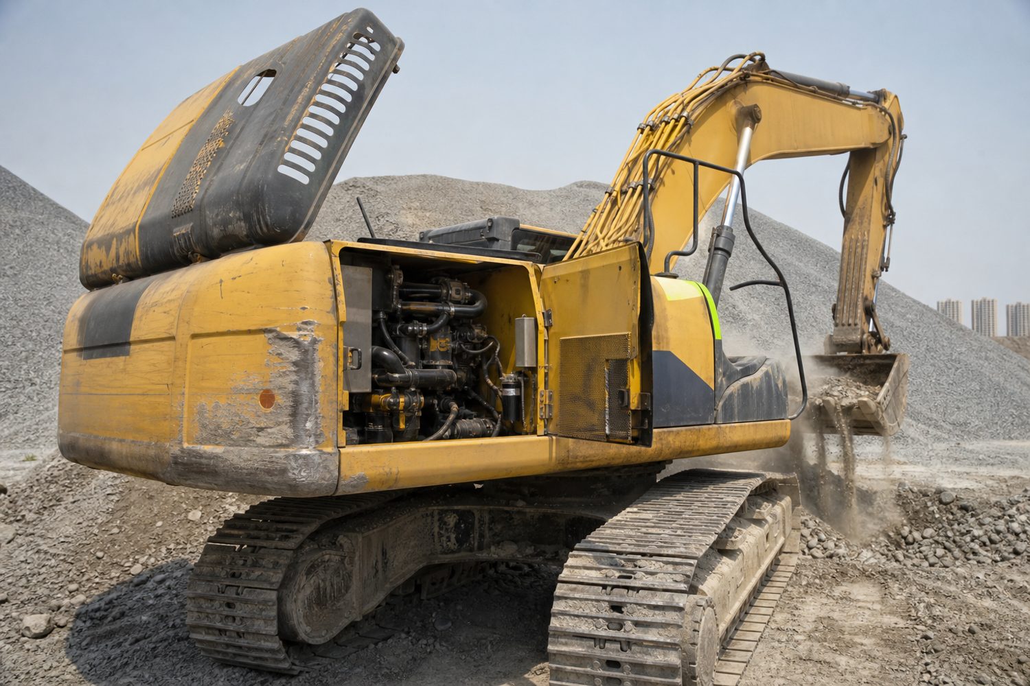 Excavator operating in a dusty yard